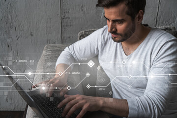 A serious caucasian man in casual wears, typing laptop to create a new developers code for app....