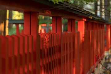 日本の神社の木造の赤色のフェンスの様子