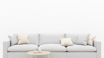 Fototapeta na wymiar Living room interior with a gray sofa, pillows and a coffee table. White empty wall. 3D render.