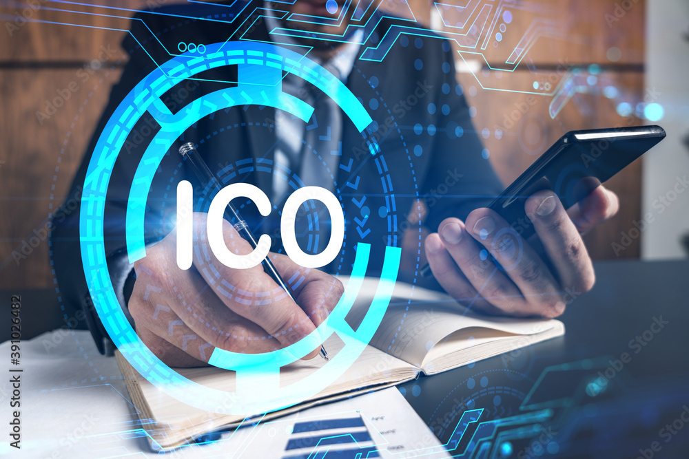 Poster a man in office taking notes using phone and ico blockchain theme hologram. multiexposure. formal we