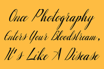 Once Photography Enters Your Bloodstream, It's Like A Disease. Cursive Calligraphy Black Color Text On Yellow Background
