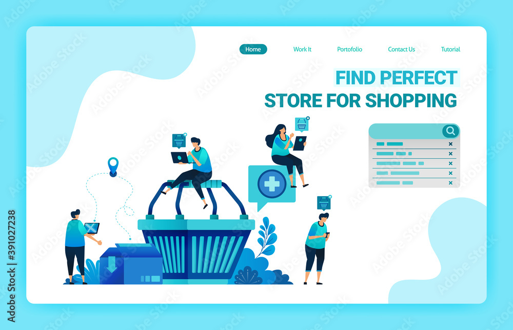 Wall mural landing page of shopping cart with people around who want to shop. e-commerce with delivery and card