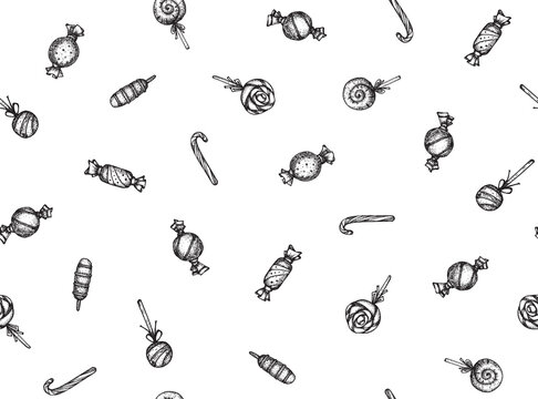 Vector candies background, isolated on white.  Sweets pattern. Hand drawn illustration.
