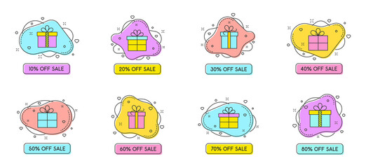 discount labels from 10 to 80 percents in trendy color flat style vector illustration. Color vector labels with gifts and fluid bubble shapes for black friday and other discounts and promo actions