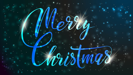 Merry Christmas abstract colored calligraphic inscription by hand, in the starry sky