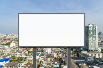 Fototapeta premium Blank white road billboard with Bangkok cityscape background at day time. Street advertising poster, mock up, 3D rendering. Front view. The concept of marketing communication to promote or sell idea.