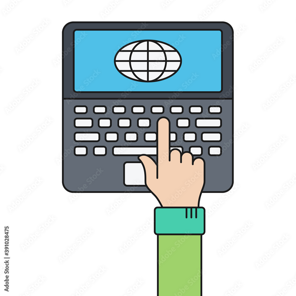 Poster human hand press button on laptop with globe color illustration isolated on white background. color 