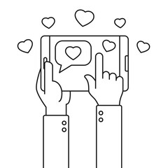 Human hands holding tablet with speech bubble and like hearts illustration isolated on white background. Line vector illustration with stroke for web and ui business design. Valentine day concept