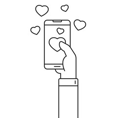 Human hand holding smartphone with like hearts illustration isolated on white background. Outline vector illustration with black stroke for web and ui business design. Valentine day concept design