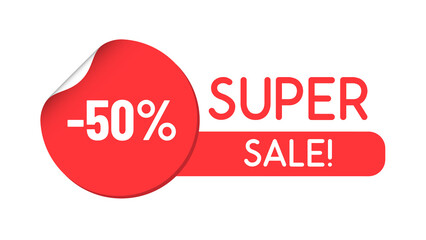 super sale red discount sticker promo lettering. bent label isolated on white background. 50 percent discount. illustration for promo advertising discounts
