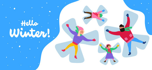hello winter happy family making snow angel vector illustration