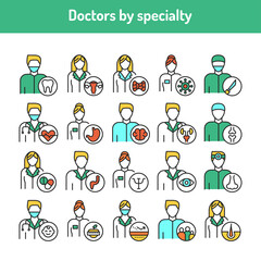 Doctors by specialty color line icons set. Subject matter experts.