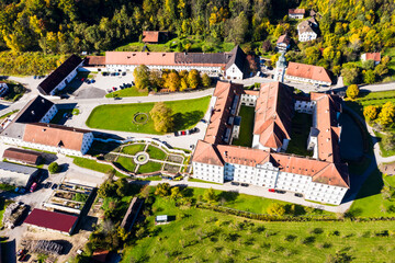 Aerial view Schäftlarn monastery, Isar valley, Upper Bavaria, Bavaria, Germany,