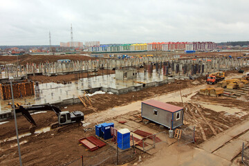 foundation pit for construction of residential building is flooded under water. Flooding...