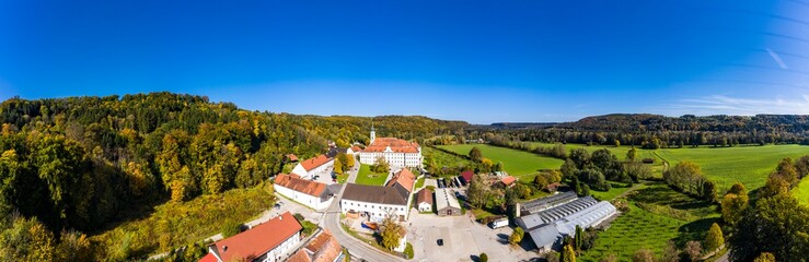 Fototapeta na wymiar Aerial view Schäftlarn monastery, Isar valley, Upper Bavaria, Bavaria, Germany,