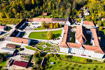 Aerial view Schäftlarn monastery, Isar valley, Upper Bavaria, Bavaria, Germany,
