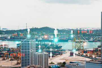 Social media icons hologram over panorama city view of Singapore, Asia. The concept of people networking and connections. Double exposure.