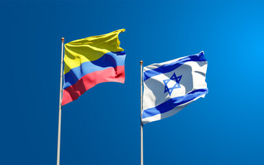 Beautiful national state flags of Israel and Colombia together at the sky background. 3D artwork concept.