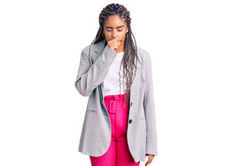 Young african american woman with braids wearing business clothes feeling unwell and coughing as...
