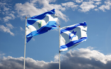 Beautiful national state flags of Israel and El Salvador together at the sky background. 3D artwork concept.
