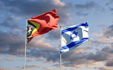 Beautiful national state flags of East Timor and Israel together at the sky background. 3D artwork concept.