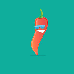 vector funny cartoon red hot chilli pepper character with sunglasses isolated on azure background. funky smiling cute mexican paprika pepper vegetable character.