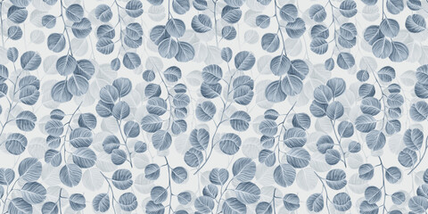 Naklejki  Botaniczny wzór z liści eukaliptusa vintage graficzny srebrny dolar. Ilustracja rysowane ręcznie. Jasnoszarym tle. Dobry do produkcji tapet, drukowania tkanin i tkanin, towarów.