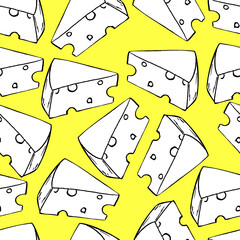 Seamless pattern with black-white cheese on a yellow background. Vector. Kitchen decor item