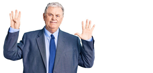 Senior grey-haired man wearing business jacket showing and pointing up with fingers number nine while smiling confident and happy.