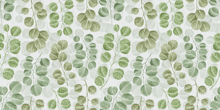 Botanical seamless pattern with vintage graphic silver dollar eucalyptus leaves. Hand-drawn illustration. Light gray background. Good for production wallpapers, cloth&fabric printing, goods.