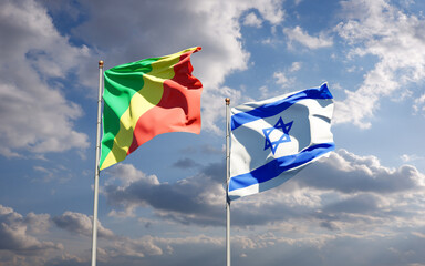 Beautiful national state flags of Republic of the Congo and Israel together at the sky background. 3D artwork concept.