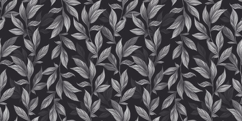 Botanical seamless pattern with vintage graphic peony leaves. Hand-drawn illustration. Black and white design. Good for production wallpapers, cloth, fabric printing, goods.