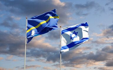 Beautiful national state flags of Nauru and Israel together at the sky background. 3D artwork concept.