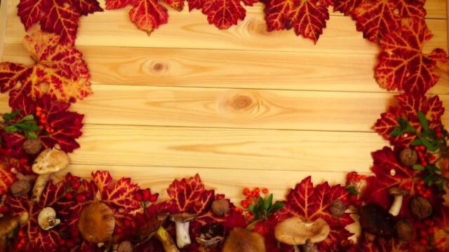 autumn background of bright orange leaves with mushrooms, red berries on a wooden Board.