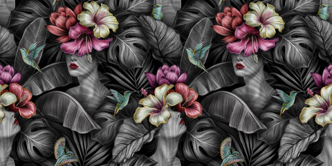Tropical exotic seamless pattern with woman, monstera, hibiscus, bromeliad, banana leaves, palm, colocasia. Hand-drawn 3D illustration. Good for production wallpapers, cloth, fabric printing, goods.  - 391032831