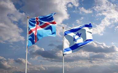 Beautiful national state flags of Iceland and Israel together at the sky background. 3D artwork concept.