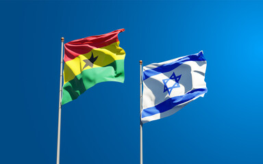 Beautiful national state flags of Ghana and Israel together at the sky background. 3D artwork concept.