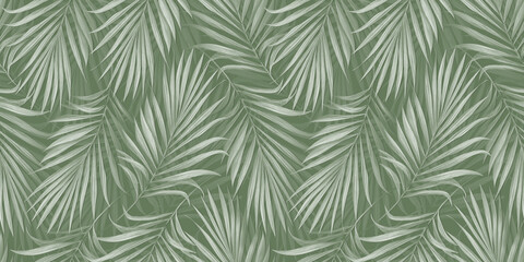 Tropical exotic seamless pattern with bright palm leaves on green background. Hand-drawn vintage illustration and texture. Good for production wallpapers, gift paper, cloth, fabric printing, goods. - 391034202