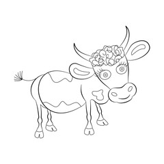 Cartoon nice friendly bull. Funny farm animal. Black and white hand-drawn drawing. Outline vector illustration, line art. The Chinese calendar. For coloring pages, greeting cards, children's manuals.
