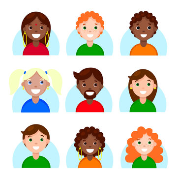 Multinational people avatars. Man and woman characters with different hairstyles user online game icons. Male and female set. Stock vector flat cartoon illustration isolated on white background