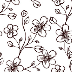 Seamless pattern. Sprig with flowers. Two flowers and a bud. On white background. Brown outline. Decor element. Vector.