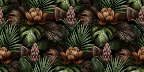 Tropical exotic seamless pattern with flower, protea, monstera, banana leaves, palm, colocasia. Hand-drawn 3D illustration. Good for luxury wallpapers, cloth, fabric printing, goods. - 391036083