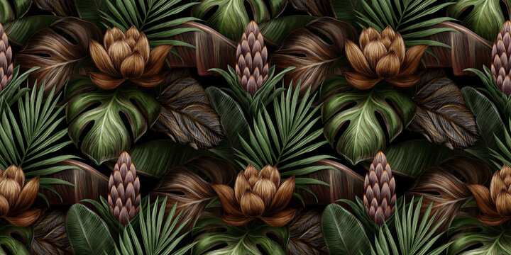Tropical exotic seamless pattern with flower, protea, monstera, banana leaves, palm, colocasia. Hand-drawn 3D illustration. Good for luxury wallpapers, cloth, fabric printing, goods. © alenarbuz