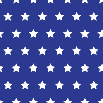 White stars on blue background grunge style seamless vector pattern. American flag repeating background. 