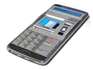Mobile banking, online payments and digital financial services concept.Smartphone with ATM on  screen.