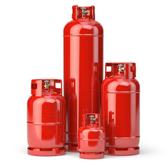 Different types of red gas bottles isolated on white background.