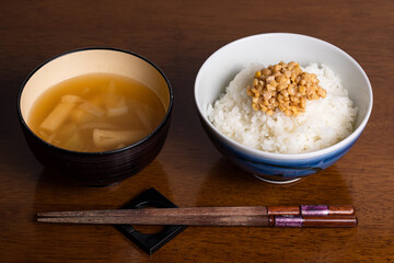 Japanese breakfast. Natto, rice, miso soup.