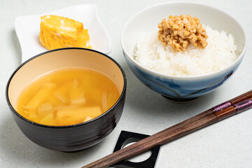 Japanese breakfast. Natto, rice, miso soup.