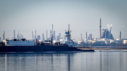 Cargo ship with a factory background.