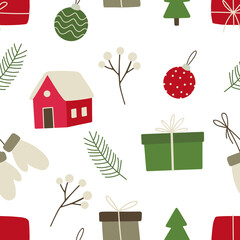 Christmas seamless pattern. Cozy winter illustration for fabric, wrapping paper, scrapbooking, textile, web design, banners, posters and other christmas design. Flat style hygge winter pattern.